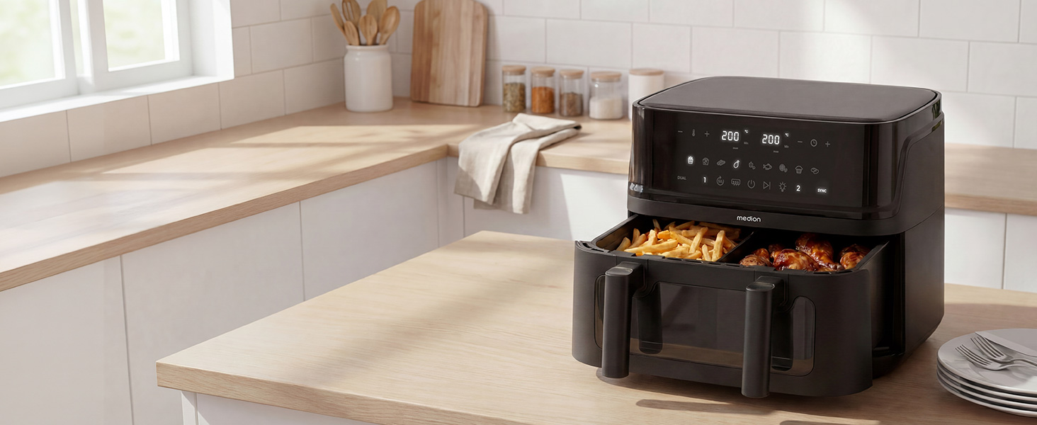 Аерофритюрниця з двома камерами MEDION P25 XXL Flex M, 10.8 л, без PFAS, чорна