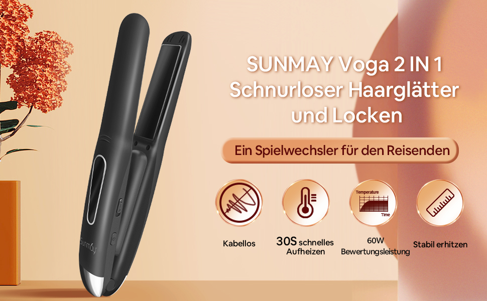 SUNMAY Voga: Бездротове праска для волосся 2-в-1 (праска та плойка), USB, 5000mAh, чорний