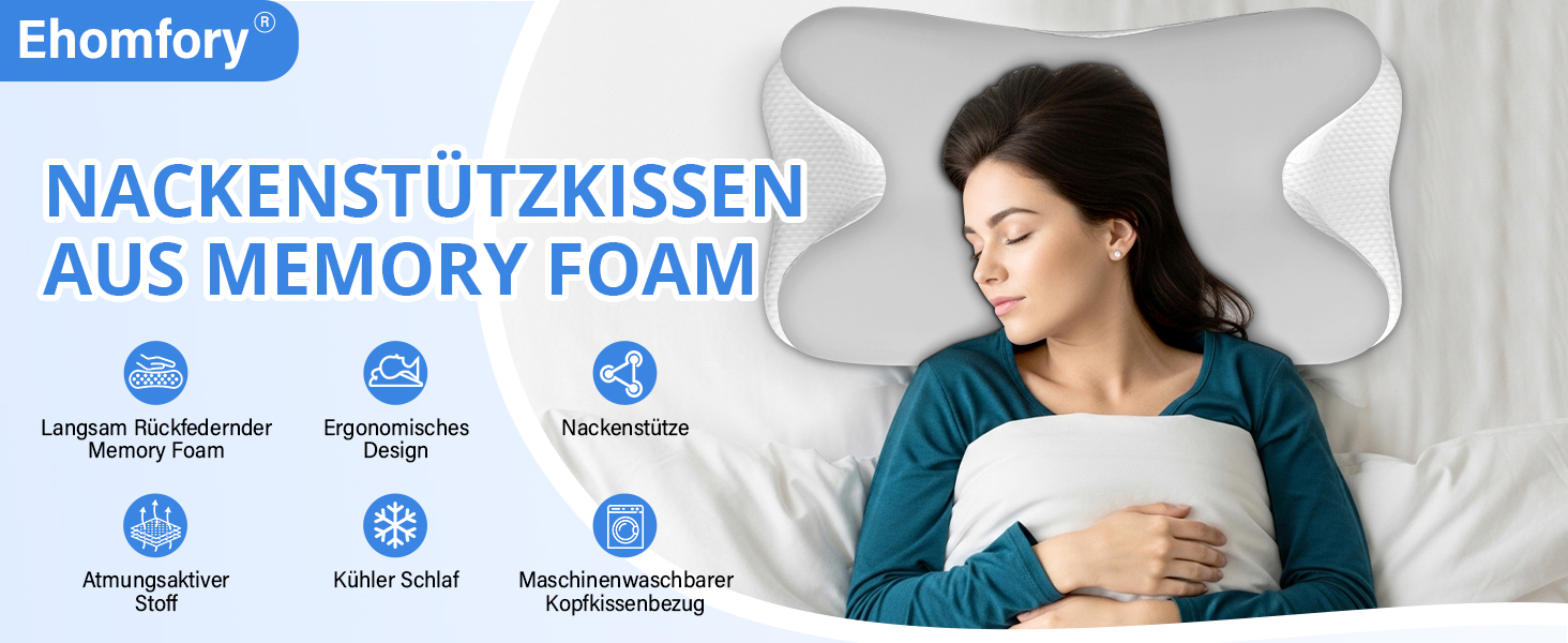 Подушка для шиї Ehomfory з Memory Foam, ергономічна для сну на боці, спині та животі, 67x37x9/12 см (Срібляста)
