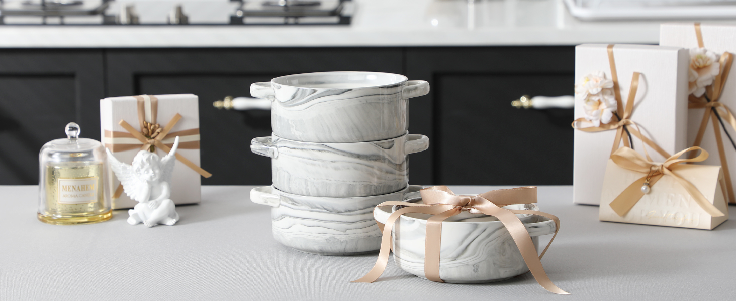 MALACASA Набір супових тарілок з ручками, 800 мл, порцеляна, 4 шт, серія Regular (сірий)