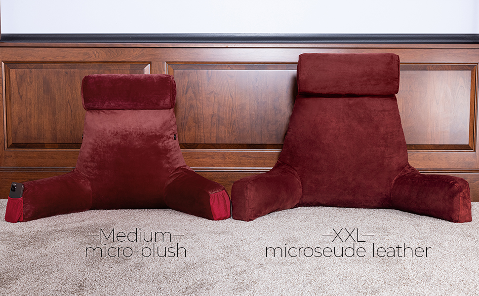 Подушка для чоловіка з підлокітниками - велика, для читання та відпочинку в ліжку. Висока спинка, преміум піна з пам'яті, знімна подушка для шиї на стрічці (Aspen Beige, | Arizona Burgundy)