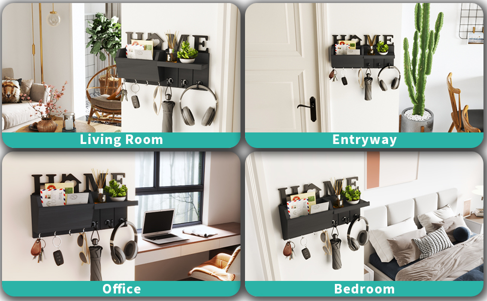 Держатель для ключів HapiRm з декором HOME, дерев'яне ключникове дошка з 7 гачками, з полицею. Підходить для входу, дверей, коридору, спальні, офісу (чорний)