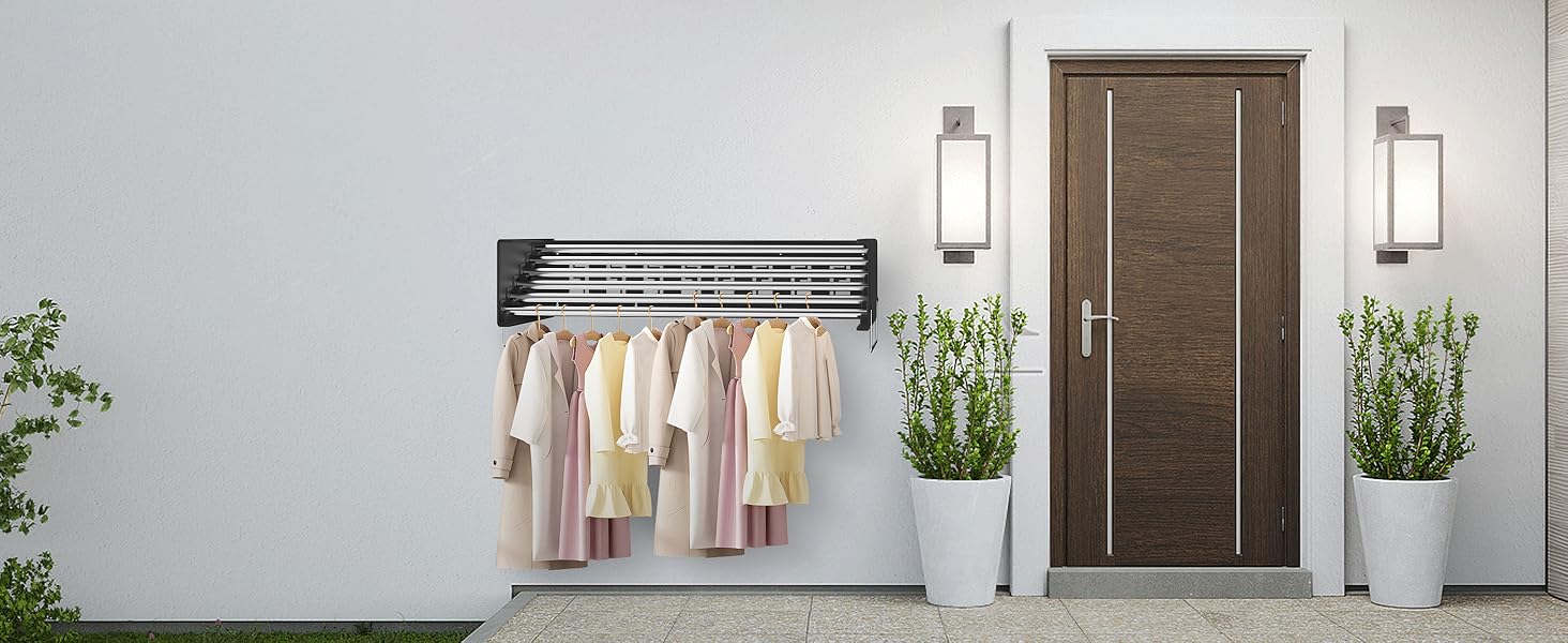 Настінний сушильник для білизни з 80 см штангами, 5 ліній сушіння, розкладний, для дому та вулиці, чорний, 80 см