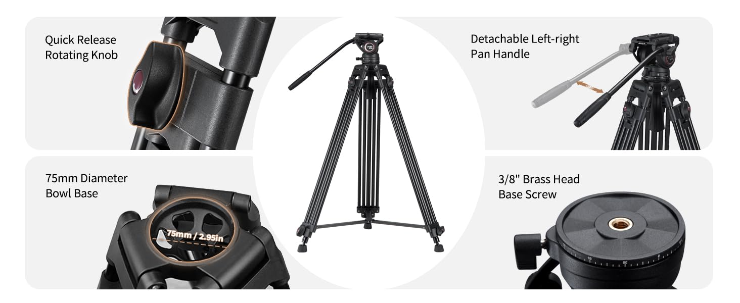 Штатив відео Cayer BV30L 72 дюйми - професійний штатив з алюмінію, рідинний упор K3, середній розвід, 6 кг, для DSLR/відеокамер + бонус Quick Release Plate