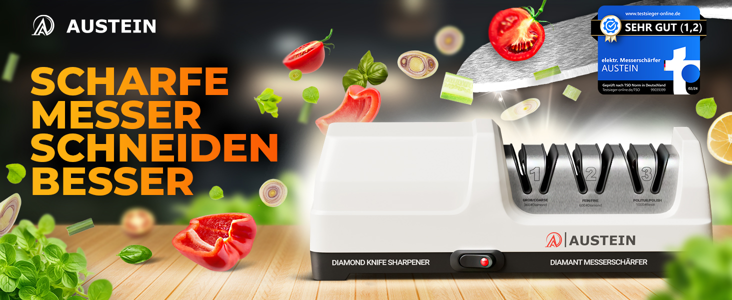 Електричний точило для ножів AUSTEIN® Diamant TG2202 - 3 фази, 20 градусів, з магнітним збором стружки