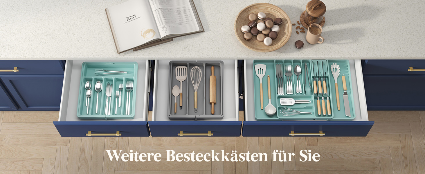 Органайзер для столових приборів Lifewit в шухляду, розширюваний, з відділенням для ножів (40 см, бірюзовий)