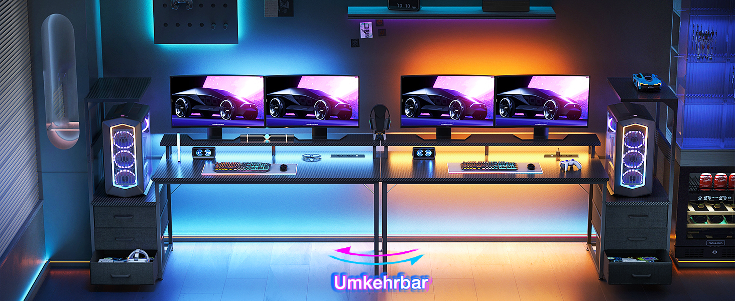 Ігровий стіл Coleshome з шухлядами 151x50 см, LED-підсвічуванням та розеткою. Комп'ютерний стіл з полицями та підставкою для монітора, карбонове волокно, чорний.