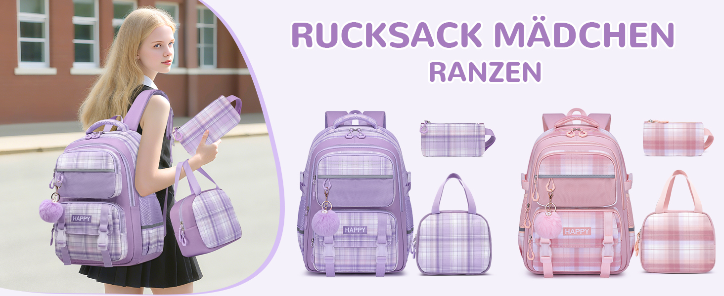 Шкільний рюкзак для дівчаток з візерунком, дихаючий та водовідштовхуючий рюкзак для 1-5 класів (рюкзак для дітей + ізольована ланч-торбинка + пенал, фіолетовий)