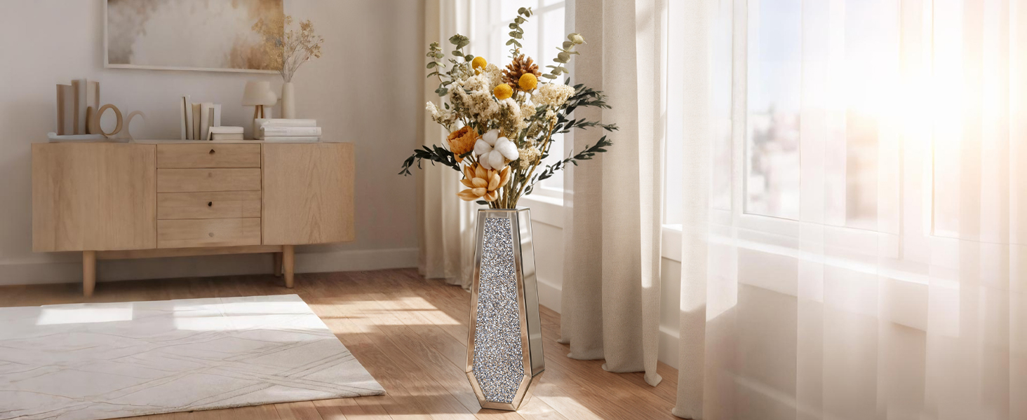 Ваза для квітів велика 68 см: срібна ваза з кристалами для пампас трави, скляна ваза з дзеркальним покриттям та блискітками, декоративна ваза для вітальні, інтер'єру – без підставки для води, 16L x 68H см