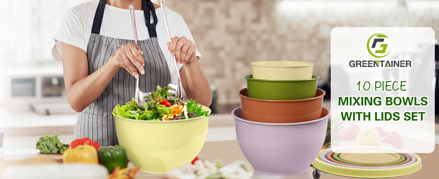 Набір салатниць з кришкою, міски для перемішування з пластику, набір вкладишів для кухні, великий набір місок, сервіровочні тарілки ідеальні для змішування та подачі, BPA-free (Жовтий)