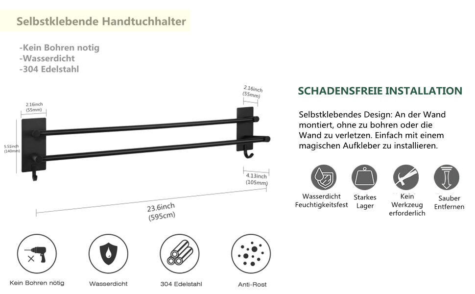Тримач для рушників Vista без свердління, подвійний, 43.5 см, нержавіюча сталь, рушник-перекладина для ванної кімнати, самоклеючий, для ванної/кухні (60 см, чорний)