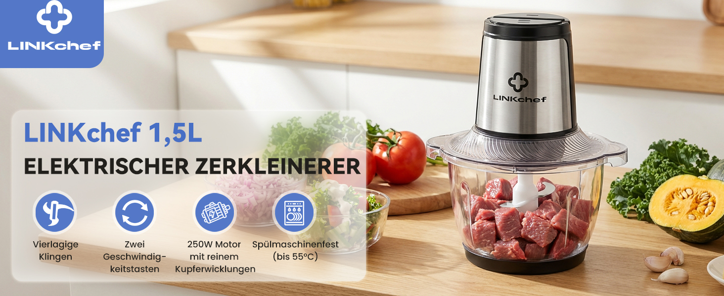 Подрібнювач LINKChef електричний 1.5л, скляна чаша, 3-шарові леза з нержавіючої сталі, 2 швидкості, для м'яса, фруктів, овочів та дитячого харчування, сріблястий