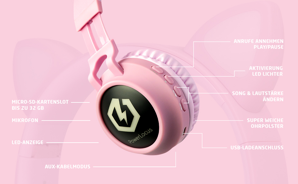 Дитячі навушники PowerLocus Bluetooth Over-Ear з LED-підсвічуванням, 85dB, HD Stereo, мікрофон для телефону, планшета, ПК, TV (N-Рожевий)