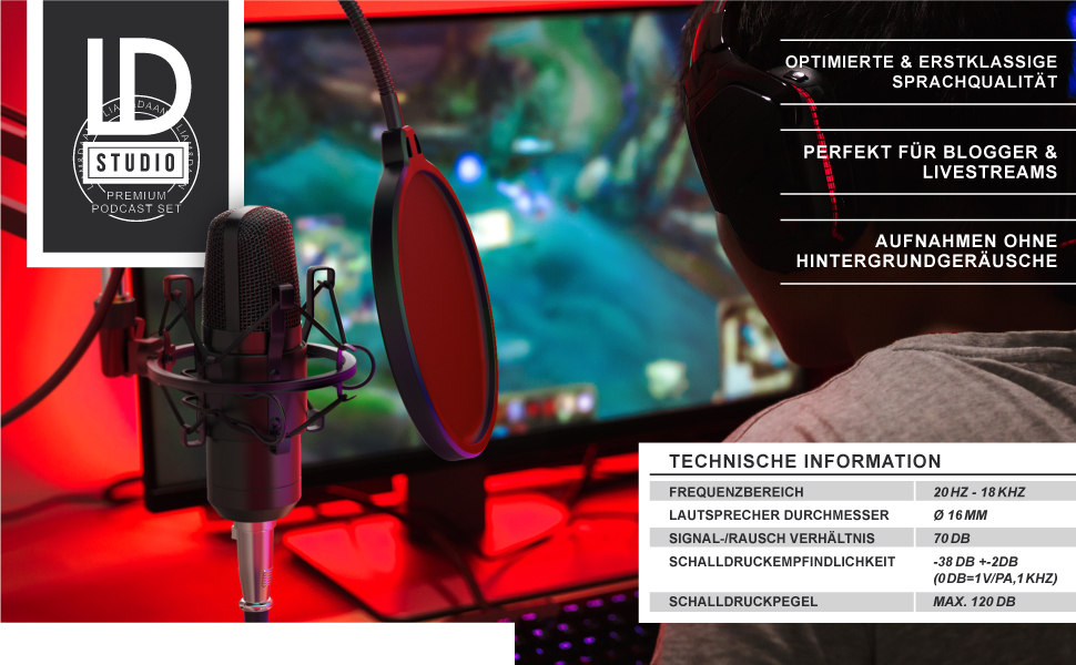 Конденсаторний мікрофон CSL з кріпленням XLR - Комплект для студії, запису вокалу, подкастів, стрімінгу та геймінгу, велика мембрана, 3.5mm jack, XLR кабель