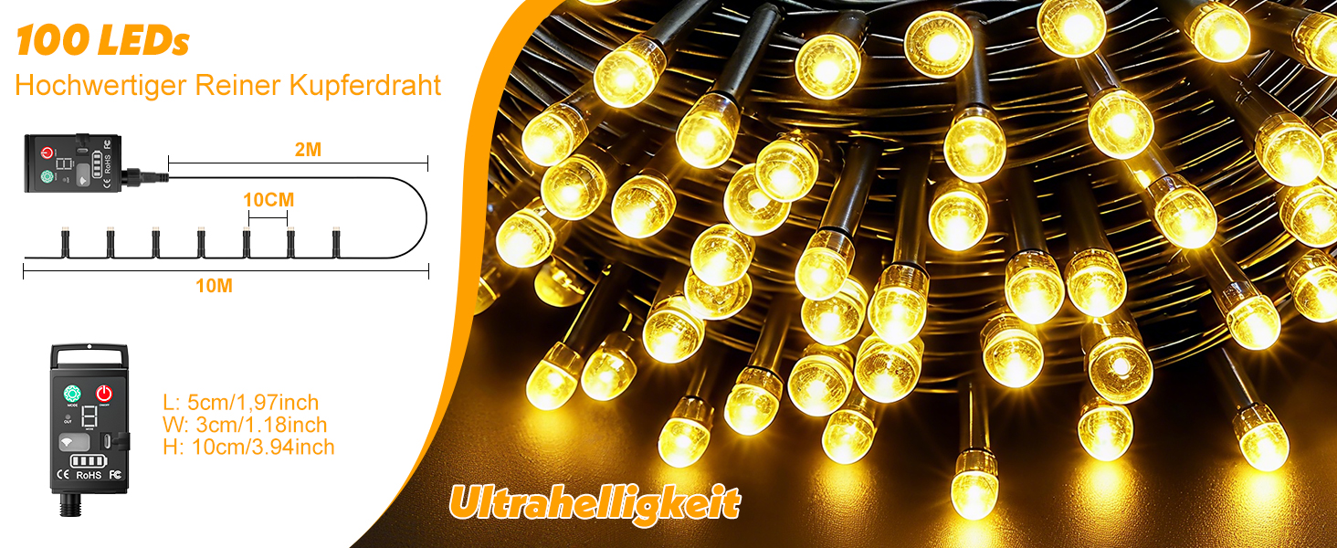 Льодосвітна гірлянда на батарейках, 10м, 100 LED, вологостійка IP44, 8 режимів, з пультом, таймер, для декору саду, вечірки, Нового року