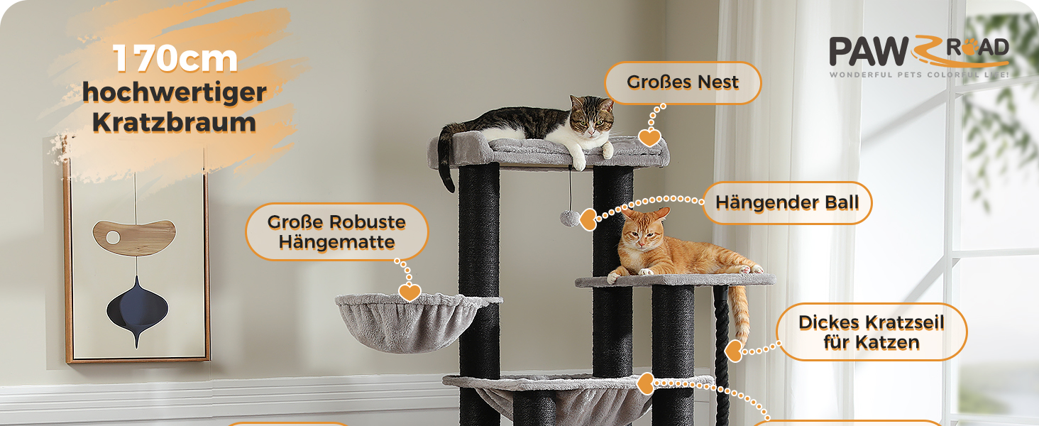 Котячий комплекс PAWZ Road XXL: стійка, з гамаком, 13 стовпчиків сизалю, печери, кошиків, 170 см, чорний
