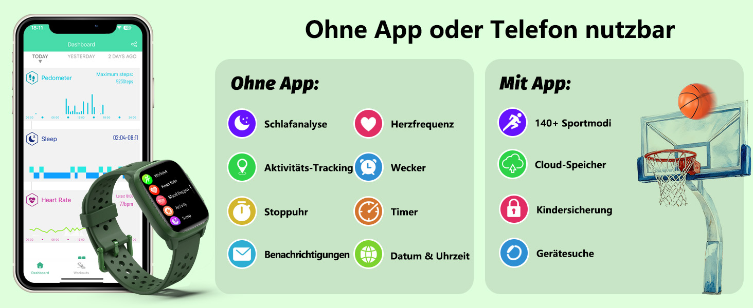 Дитячий розумний годинник Kinder з 140 спортивними режимами, фітнес-трекер, вимірювання пульсу, ігри-головоломки, IP68 вологозахист, без використання додатку/телефону, подарунок для хлопчиків-підлітків 6-15 років, зелений