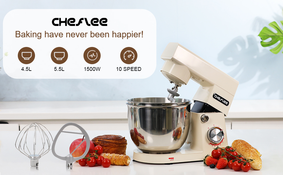 Кухонний комбайн Cheflee 1500W з місткими чашами 4.5 та 5.5L з нержавіючої сталі, 10+ швидкостей, з гаками для тіста, вінчиком та насадками для збивання, з кришкою-розбризкувачем