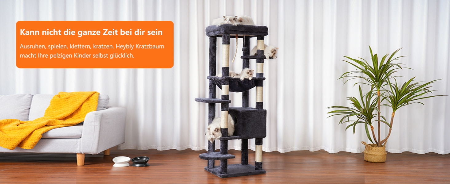 Котячий будиночок Heybly Kratzbaum з декою, для великих котів, котячий комплекс, великі платформи, гніздо, 50 x 50 x 153 см, HCT050MU (димно-сірий)