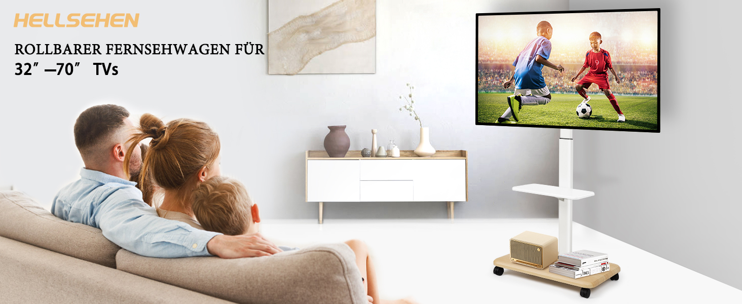 Мобільний ТВ-стіл Hellsehen для LED/LCD/OLED телевізорів 32-70 дюймів (до 45 кг), білий, з регулюванням висоти та блокованими колесами