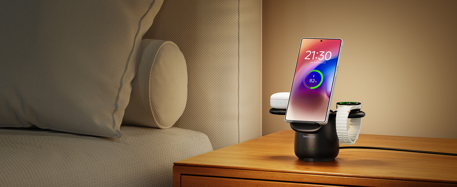 Бездротова зарядка SwanScout 3-в-1 для Samsung S25 Ultra, S24, S23, Z Flip 7, Z Fold 7, Galaxy Watch 8/Ultra/7/6/5/Buds, білий (чорний)