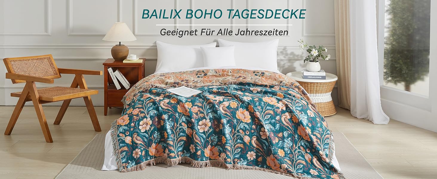 Богемна ковдра Boho 150x200 см з 100% бавовни, двостороння муслінова ковдра, плед для дивану та ліжка, patchwork, літня ковдра для вітальні, зелено-бежева (230x250 см, квіти та птахи)