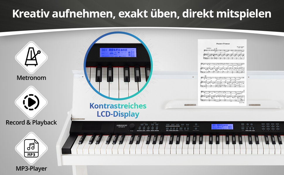 FunKey DP-88 II – цифрове піаніно з 88 клавішами, поліфонія 128, 360 звуків, 160 стилів, MP3-плеєр, функція навчання, запис та відтворення, 3 педалі, білий колір