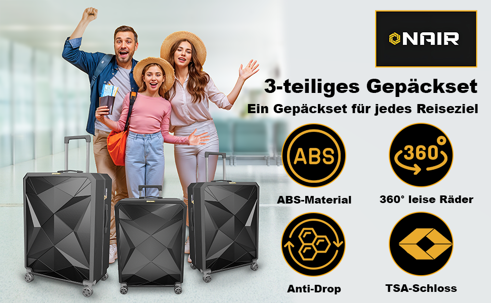 Набір валіз ONAIR 3 шт. (S, M, L) – чорний & золотий, водонепроникний корпус ABS з TSA-замком, тихі колеса, міцний, для подорожей