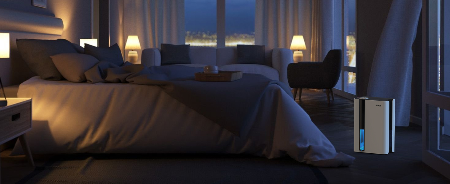 Електричний осушувач повітря Sejoy з пультом дистанційного керування, LED-індикатором вологості, резервуаром 2,5 л, продуктивністю 1000 мл/день, 7-кольоровою підсвіткою, портативний, тихий режим сну 35dB