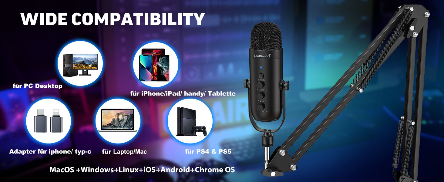 Zealsound USB мікрофон для подкастів та вокалу з шумозаглушенням (чорний) для ПК, телефону, YouTube, PS5, iPhone, Mac. З підставкою-держателем та адаптерами.