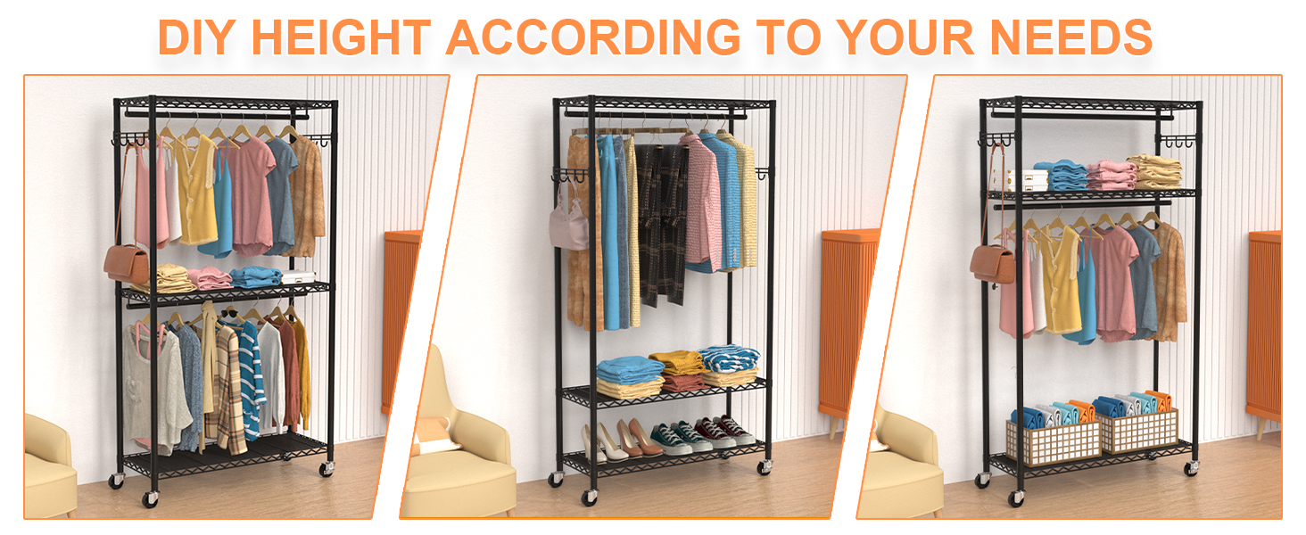 Clothes Rack, Clothes Rack, 4-Tier, Adjustable Closet Organizer System with Drawer | Double Rods | Side Hooks | Holds 445 lbs (Clothes Rack with 4 Drawers)