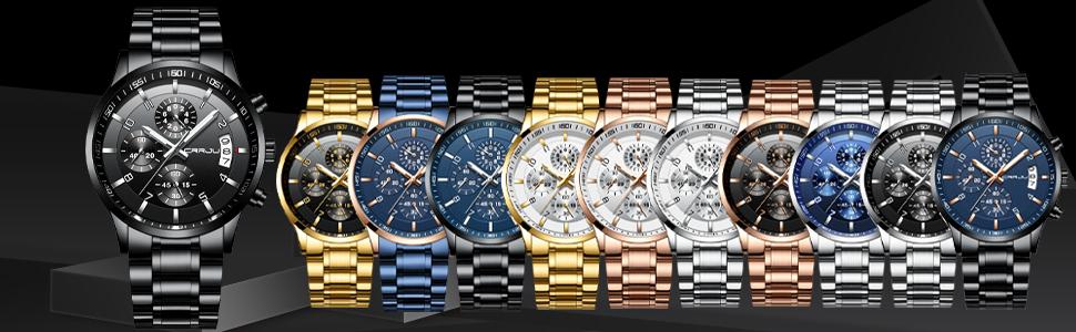 Чоловічий годинник CRRJU Business з нержавіючої сталі, водонепроникний хронограф з календарем, аналоговий кварцовий годинник з металевим браслетом, блакитний колір