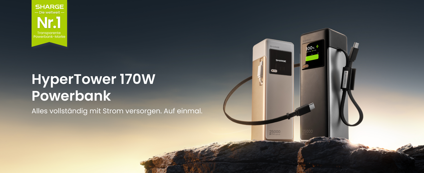 Потужний павербанк SHARGE HyperTower 170W 25000mAh з TFT-дисплеєм, 4 портами (3x USB-C, 1x USB-A) та вбудованими кабелями для MacBook Pro та ноутбуків, чорний