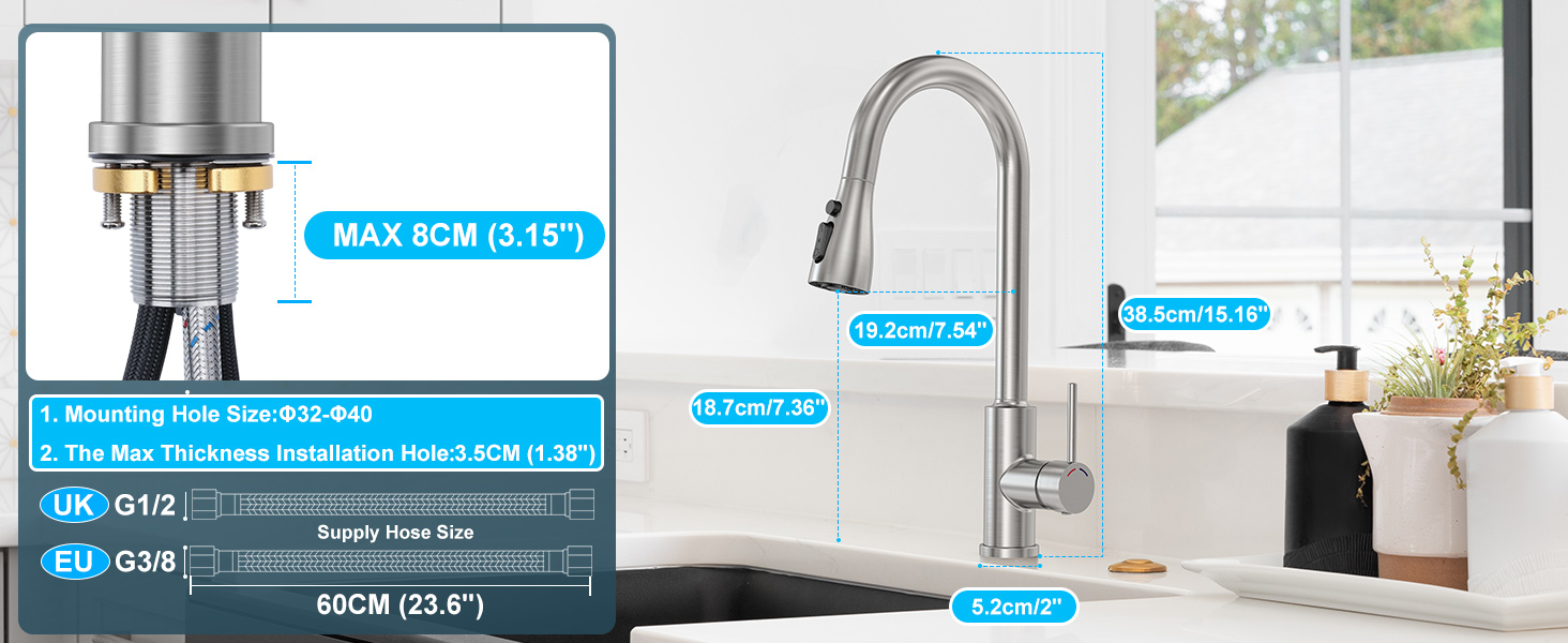 Змішувач кухонний висувний з високим напором, 360° обертання, 4 режими, нержавіюча сталь, ABS-розпилювач, для одного отвору, G3/8 з'єднання (тільки для ЄС)