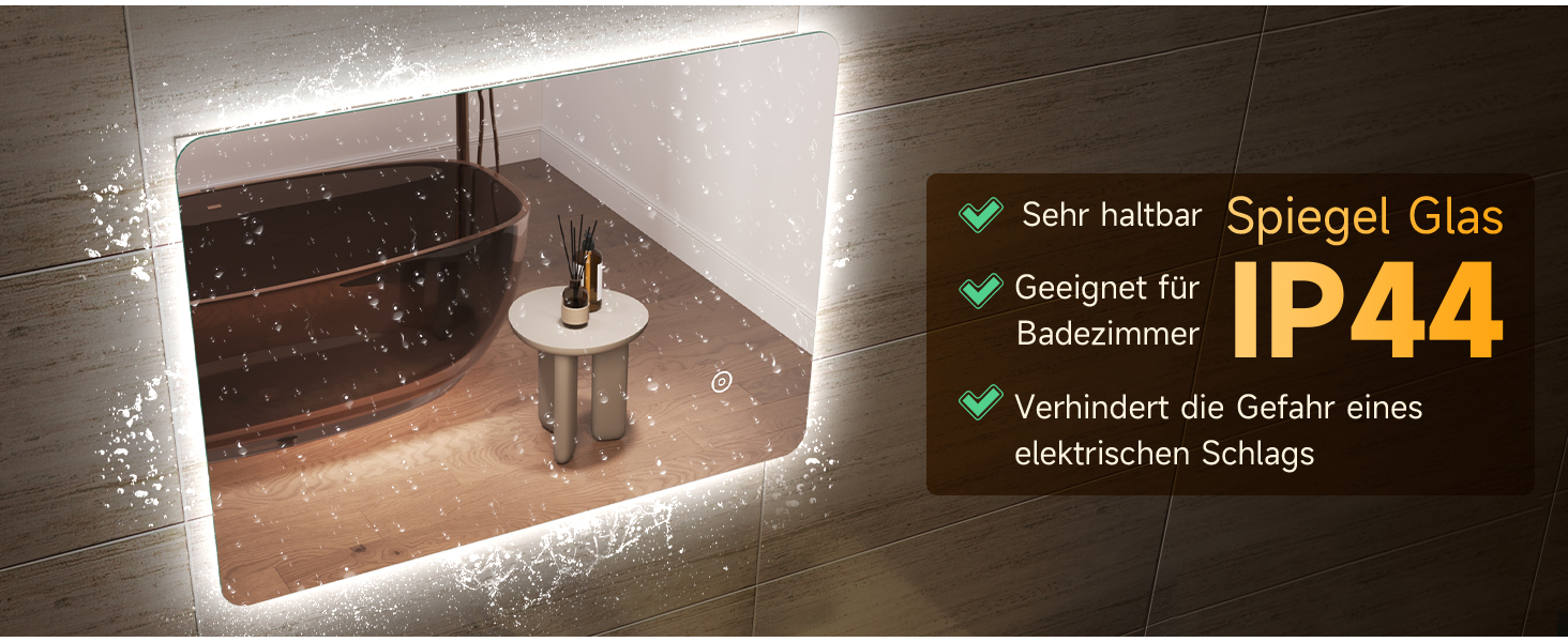 Дзеркало для ванної кімнати SONNI з LED-підсвічуванням, 100 x 60 см, антизапарник, IP44, сенсорне керування, 3 кольори світла