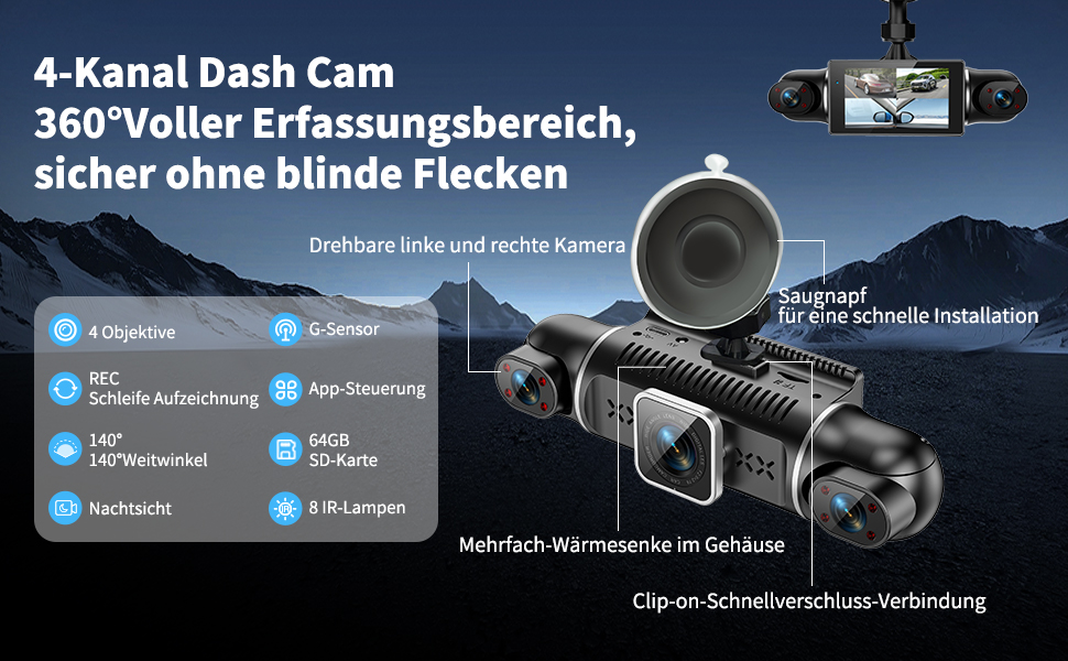 Відеореєстратор в авто Dash Cam 2K/1080p з 64GB SD-картою, 4 камери, IPS-дисплей 3