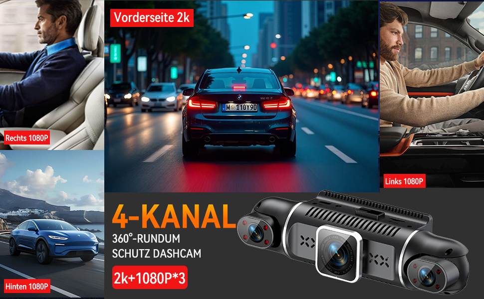 Двоканальна відеореєстратор (Dashcam) 2K+1080P з двома камерами, 64GB, IPS дисплей 3', 4x140° кут огляду, WDR, нічне бачення (8 IR-LED), G-сенсор, циклічна запис, додаток, режим паркування 24/7, чорний