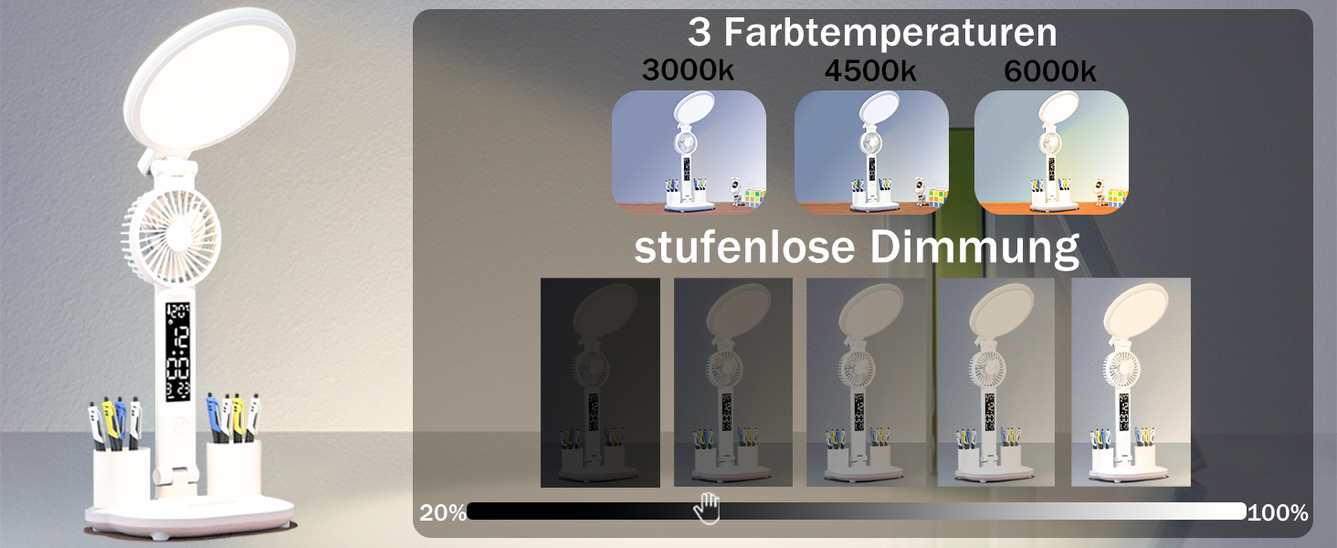 LED-лампа настільна з вентилятором для дітей WLHONG з годинником, тримачем для ручок, календарем та датчиком температури, 3 режими температури кольору, кругла