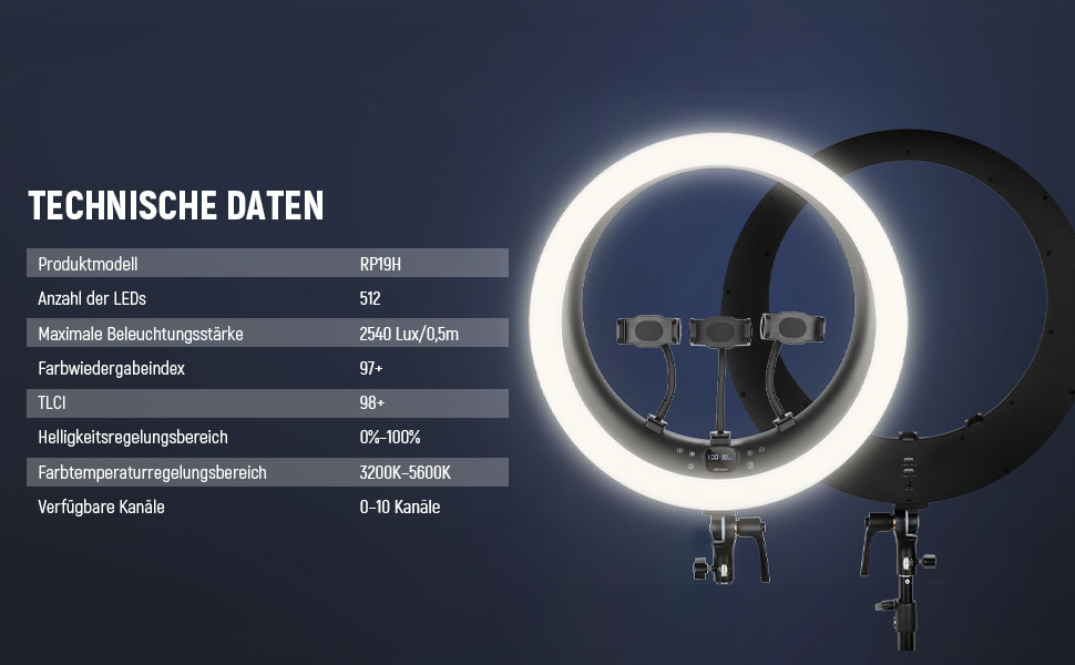 NEEWER Ringlicht RP19H 19 дюймів з триподом та 3 тримачами для телефону, дистанційне керування 2.4G, плавне регулювання яскравості, LCD та сенсорне керування, 42W CRI 97+ 2540 Lux, для стрімінгу, дому, офісу, Zoom, освітлення, кільцева лампа з пусковим пристроєм (кріплення для телефону, серветка для очищення)