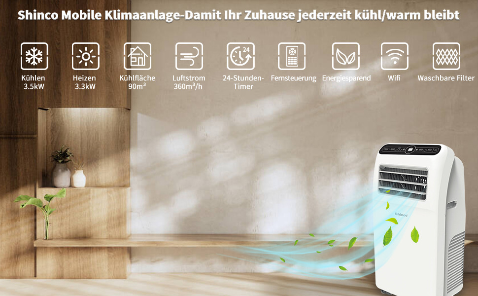 Мобільний кондиціонер SHINCO 3,5kW з випускним шлангом, охолодження/вентиляція/зневоложення, для приміщень до 90м³, білий (12000BTU)