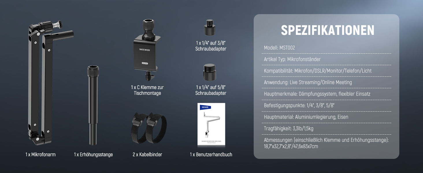 NEEWER MST002 Тримач для мікрофона з низьким профілем, регульований, з демпфером, для подкастів, ігор, стрімінгу, з кабелеуправлінням