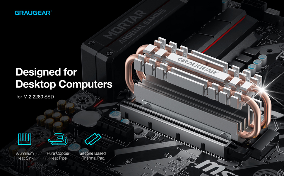 Радіатор для SSD M.2 2280 NVMe SATA з тепловою трубою, подвійний мідний радіатор, алюмінієва пластина, 2 термопади, 3.4 см [G-M2HS06]