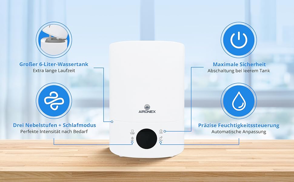 Зволожувач повітря 6 літрів – Top-Fill – з аромадіфузором – для вітальні, офісу, дитячої кімнати, спальні