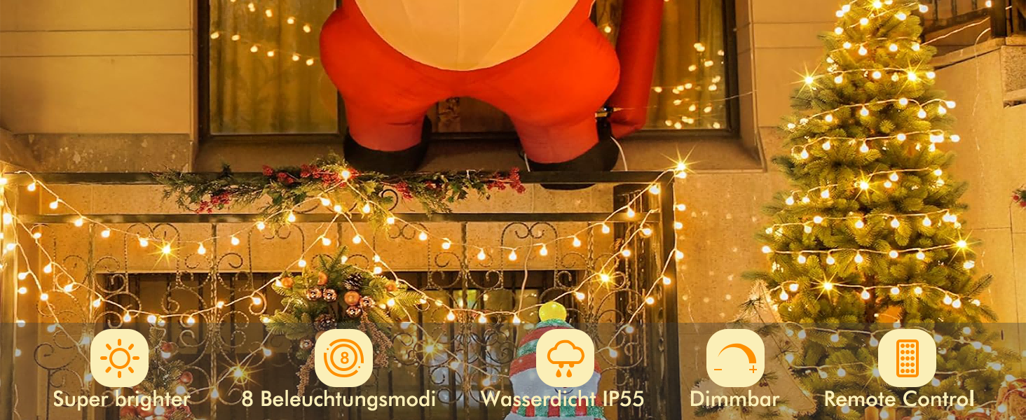 LED гірлянда на батарейках, 20м, 150 LED кульки, гірлянда з вилкою для внутрішнього та зовнішнього використання, 8 режимів світіння, IP45 вологостійка, ідеальна для Різдва, весілля, вечірки, саду, тепле біле світло