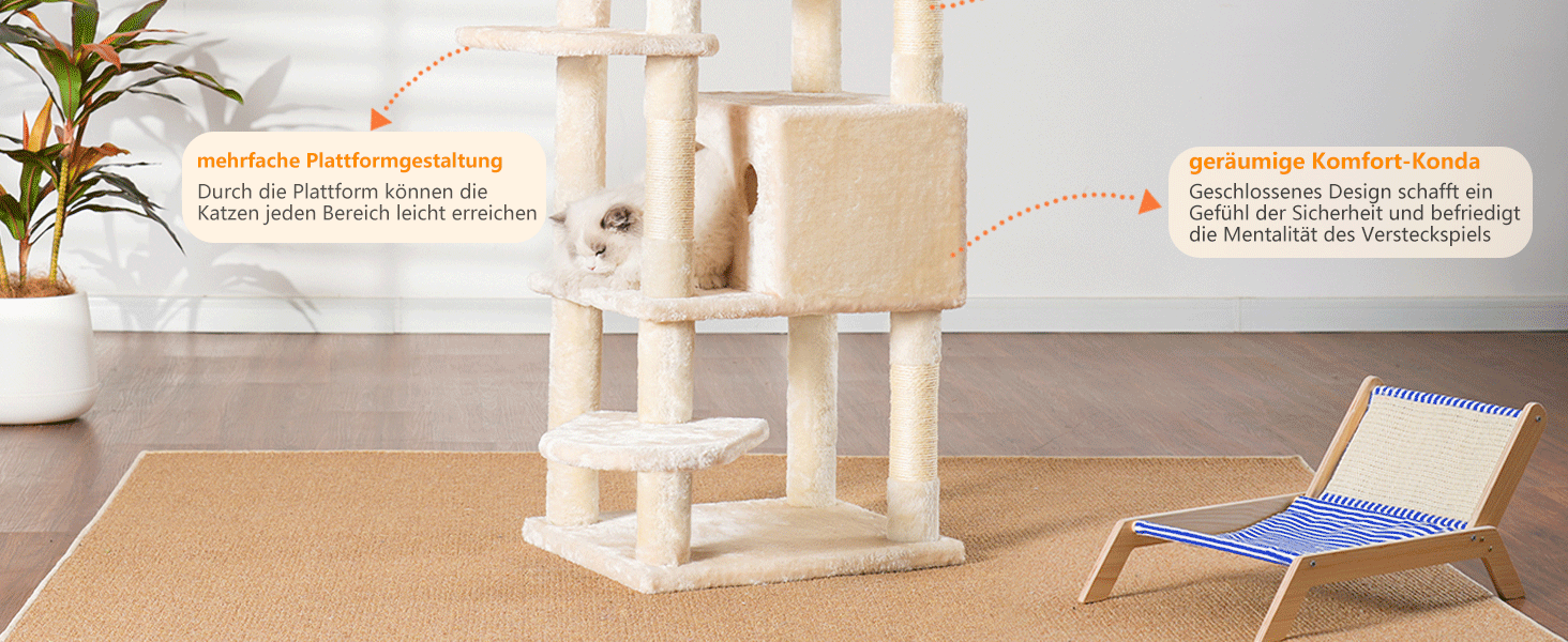Драбина для котів Heybly Kratzbaum з лежаком, печерею та великими платформами, 50 x 50 x 153 см, бежева HCT050M