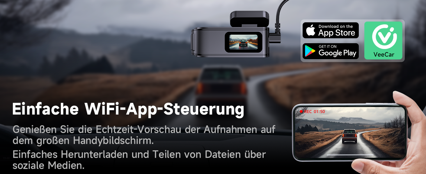 Автомобільний відеореєстратор Dashcam Dual 2.5K + 1080P з WiFi, 32GB SD-картою, ширококутним об'єктивом 170°, нічним баченням та датчиком удару G-сенсором, чорний