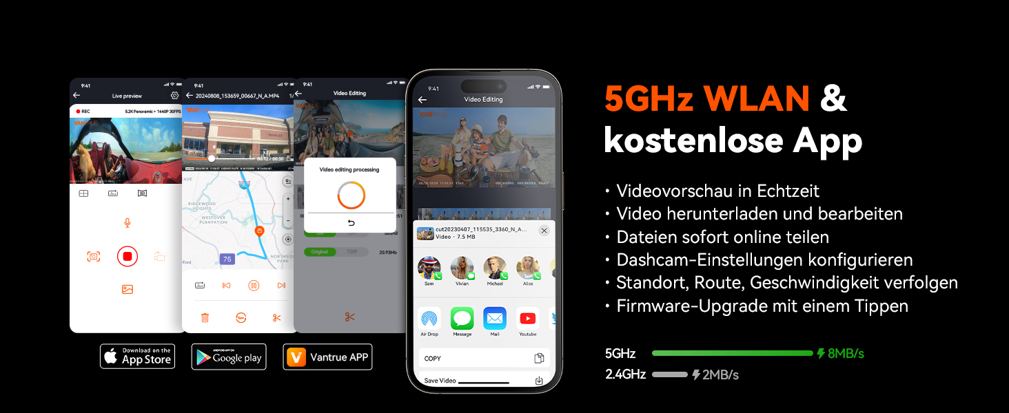 Панорамний автореєстратор VANTRUE E360 ACE 5.2K Dual STARVIS 2 HDR 360°, відеореєстратор з WiFi, GPS, сенсорним екраном 1.54″ та режимом паркування (передній та внутрішній)