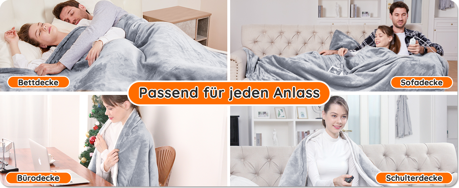 Електрична гріюча ковдра з автовимкненням, 200x180 см, 10 рівнів нагріву, таймер, захист від перегріву, для дому та офісу, флісова, сіра