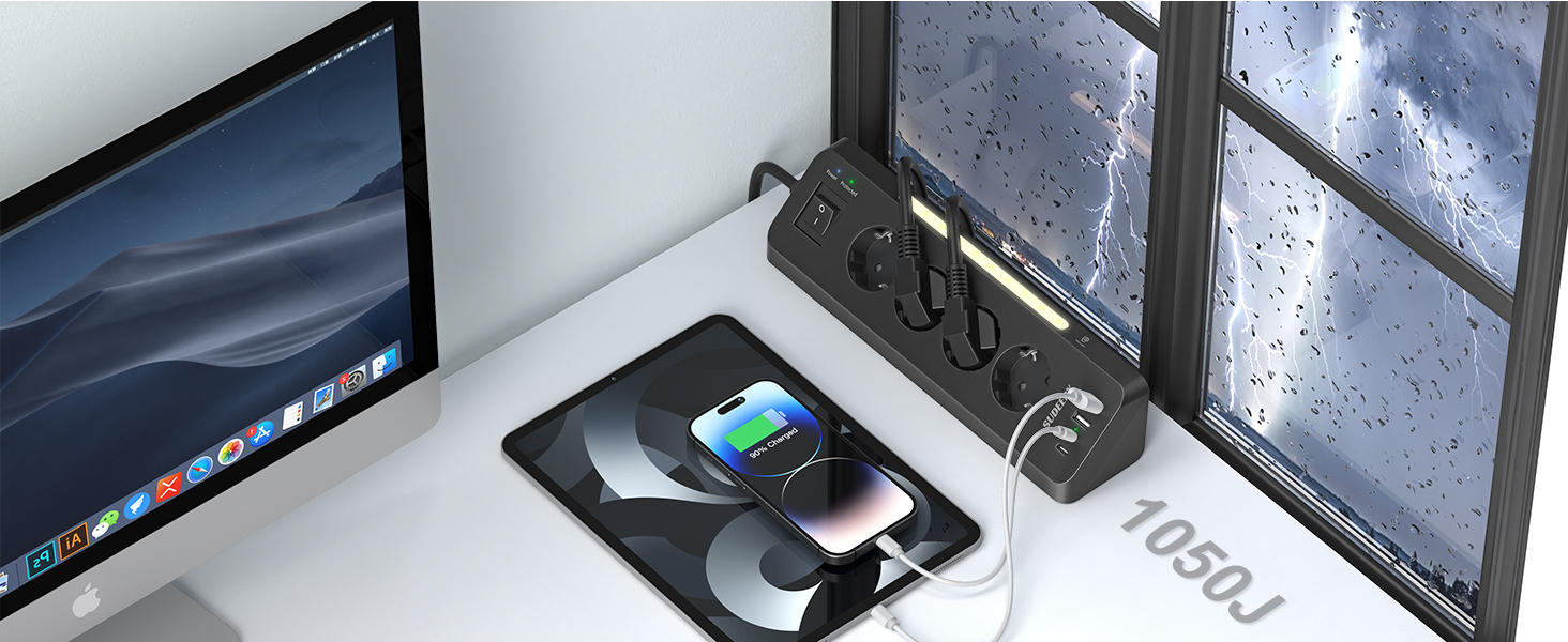 Кутовий мережевий фільтр з 4 розетками та 4 USB-портами, подовжувач з вимикачем, чорний