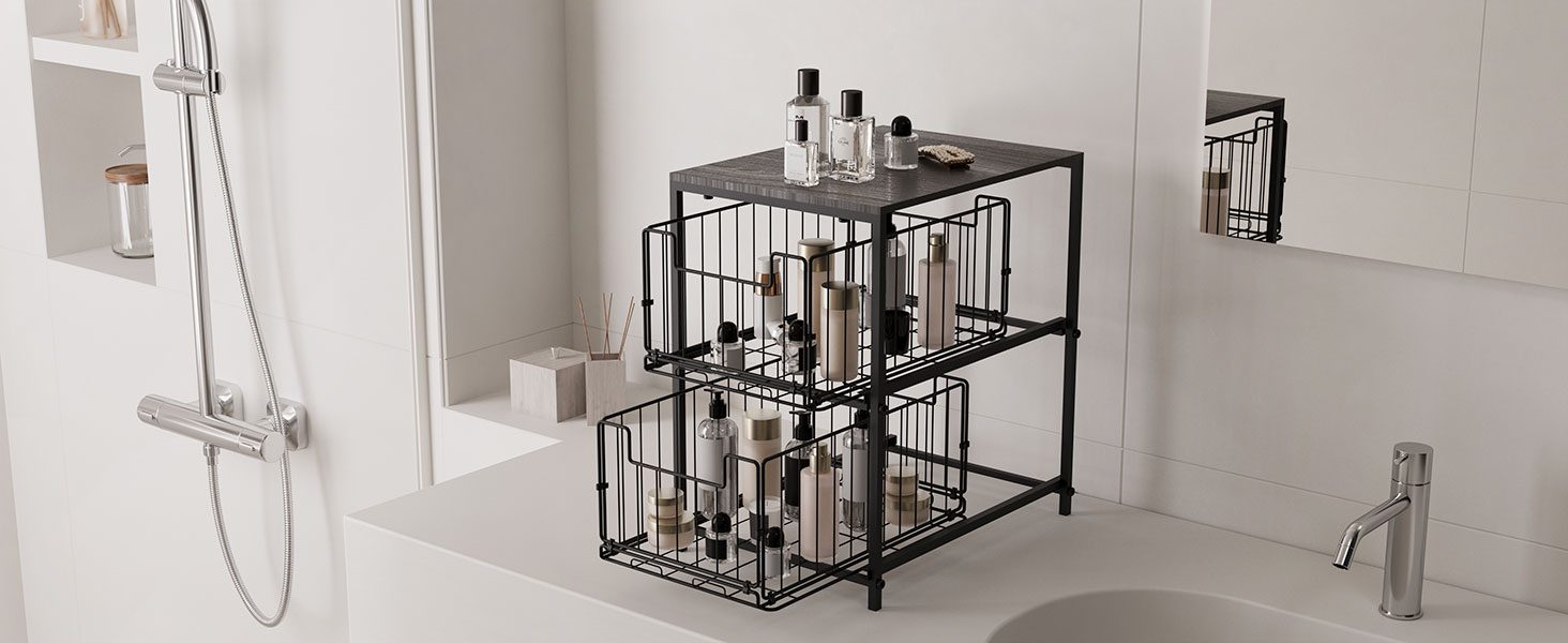 Meltrck Spice Rack and Kitchen Organizer, 2-Tier Pull-Out Kitchen Organizer, Metal and Wood Composite for Kitchen, Countertop, Pantry, and Dining Room (Black)